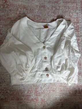 White Button-Front Linen Blend Cropped Blouse